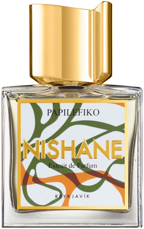 Een heldere parfumfles met een gouden dop en een decoratief label met abstracte groene, oranje en gele lijnen.