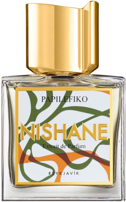 A perfume bottle with a gold cap, featuring a label with green, orange, and yellow abstract lines and the name 'NISHANE'.
