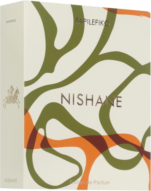 A perfume box with green and orange branch designs, the name 'Nishane' and 'Papilefiko' on it.