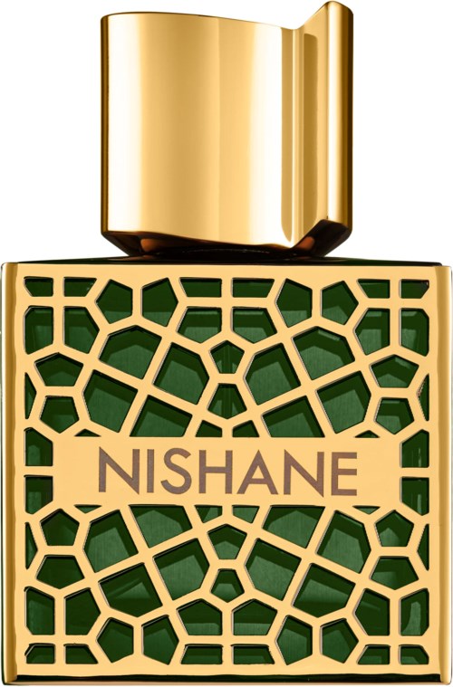 Een parfumfles met een gouden dop en een patroon van goud en groen met de tekst 'NISHANE'.