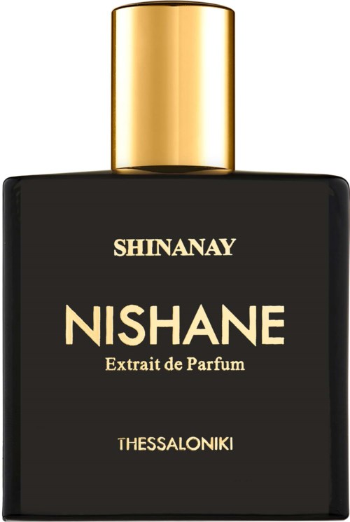 Een zwarte fles parfum met een gouden dop, gelabeld Nishane Extrait de Parfum, Thessaloniki, Shinany.