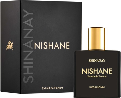 Een zwart parfumdoosje met gouden tekst en een bijpassende fles met gouden dop, genaamd Nishane, uit Thessaloniki.