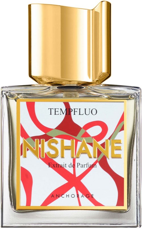 Ein Parfümflasche mit goldener Kappe, klarem Glas und bunter Beschriftung mit roten Designs und goldener Schrift.