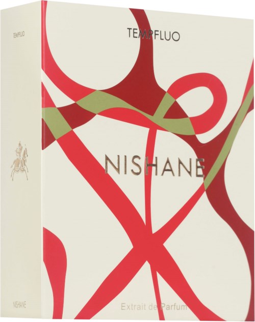 Een parfumdoos met rode en groene abstracte vormen op een witte achtergrond. Bovenaan staat "TEMPFLUO NISHANE".