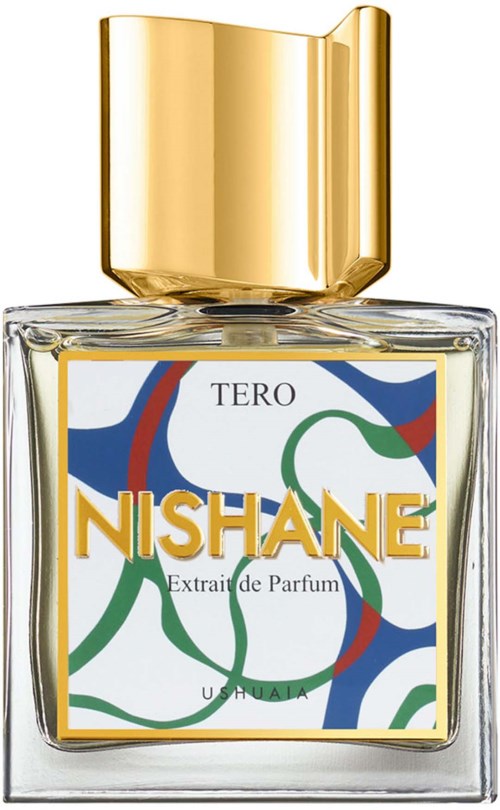 Een parfumfles met een gouden dop, gemarkeerd 'NISHANE TERO', met kleurrijke kronkelende lijnen op het label.