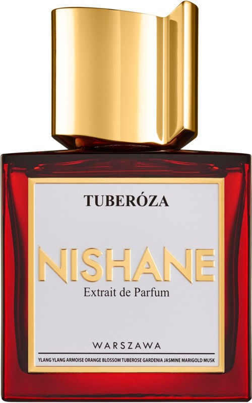 Een rood parfumfles met een gouden dop en een wit label met de naam Nishane en geur details.