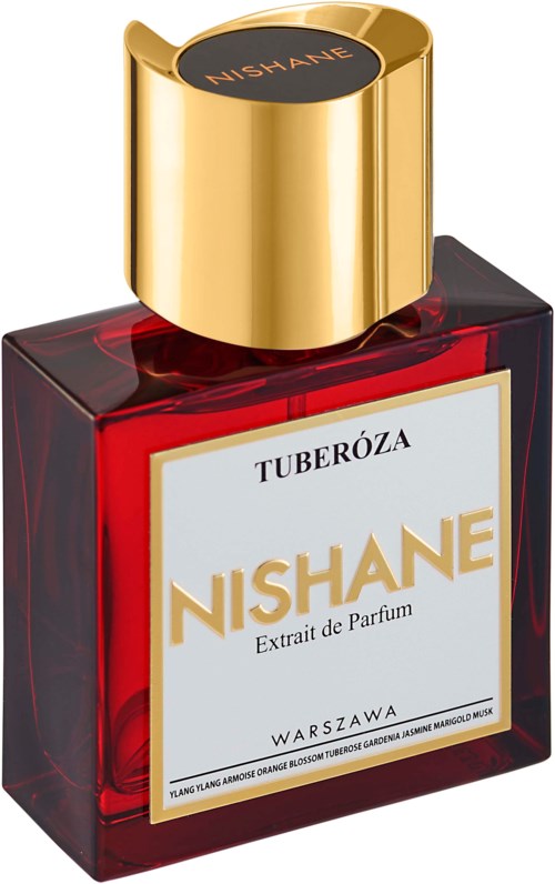 Een parfumfles met een rode vierkante basis en een glanzende gouden dop, gelabeld Nishane Tuberose, uit Warschau.