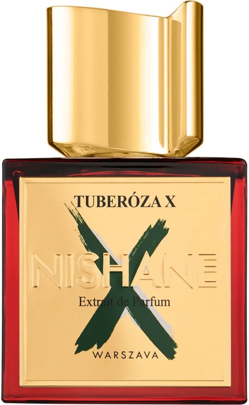 Ein Parfümflasche mit goldener Kappe, rotem Körper und Etikett mit 'TUBERÓZA X' und 'NISHANE'.