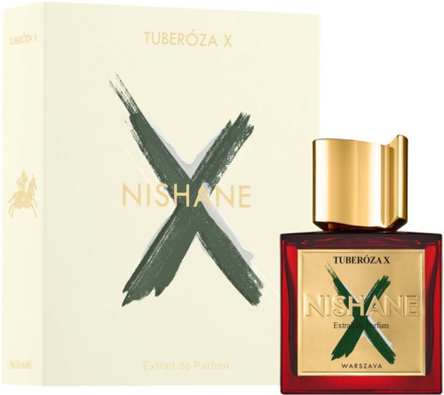 Een parfumfles en doos, met een gouden dop en label, met een grote 'X' en de woorden 'NISHANE' en 'TUBEROZA X.'
