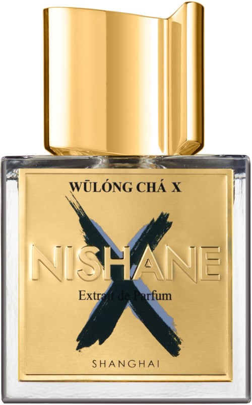 A rectangular perfume bottle with a gold cap, label reads "WULONG CHA X NISHANE."