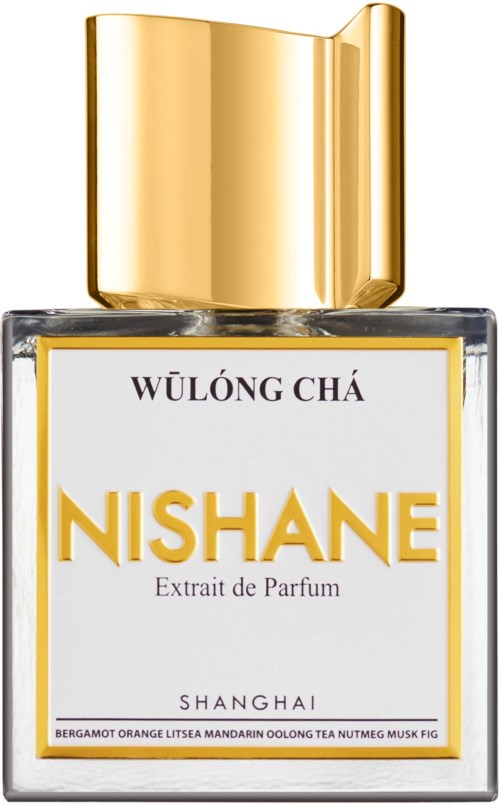 Een parfumfles met een gouden dop, wit label en gele tekst, met de naam NISHANE en geurgegevens.