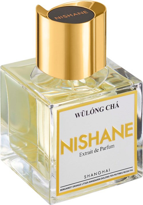 Een klein glazen parfumflesje met een gouden dop, met Nishane en Wulong Cha geur.