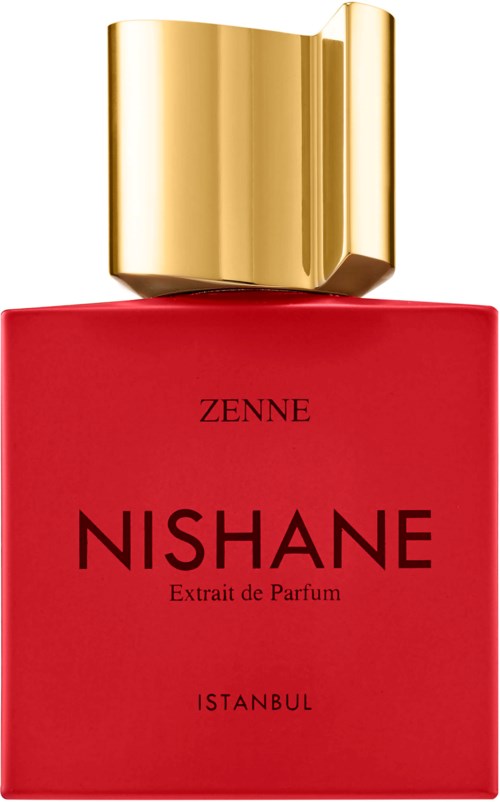 Een rood parfumflesje met gouden dop, gemerkt Nishane Zenne, Istanbull, in eenvoudige zwarte tekst.