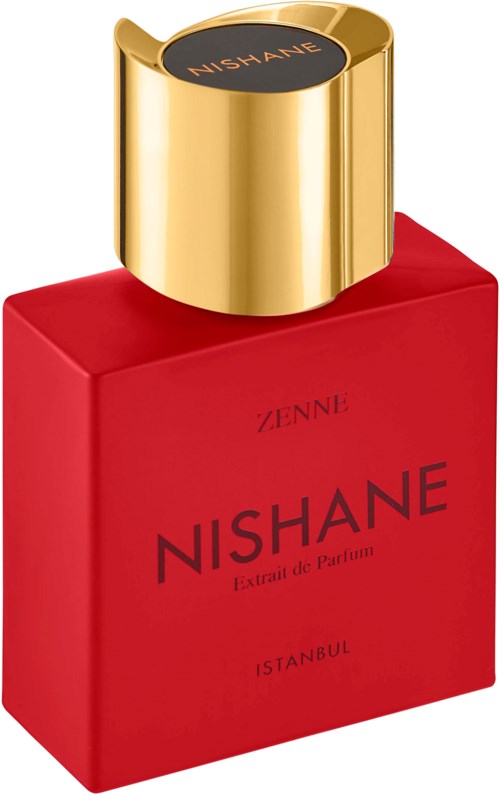 Rood parfumflesje met gouden dop, gemarkeerd Nishane Istanbul, met een strak, eenvoudig ontwerp.