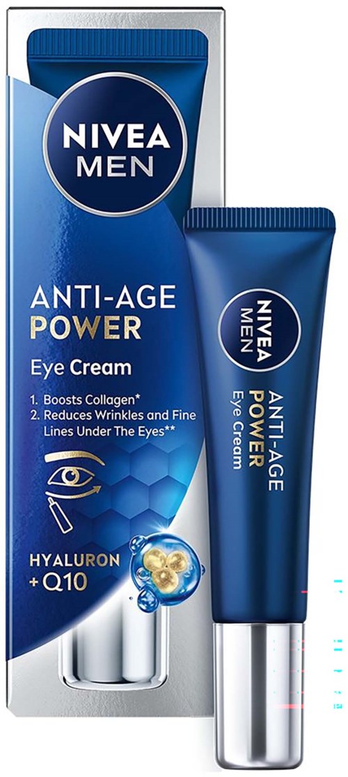 NIVEA Men anti-age power ögonkräm tub och förpackning med blå design, ögonillustration och produktfunktioner.
