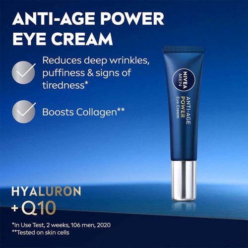 Blå tube med anti-age ögonkräm med silverlock, betonar minskning av rynkor och trötthet.