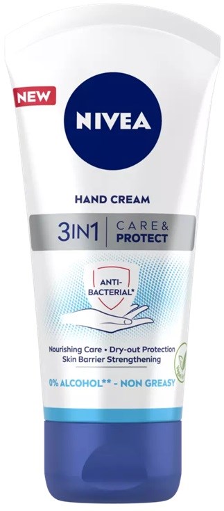 Nivea-käsivoide, 3-in-1-voide ja suoja, antibakteerinen, ravitseva, nopeasti kuivuva, ei rasvainen, alkoholiton.