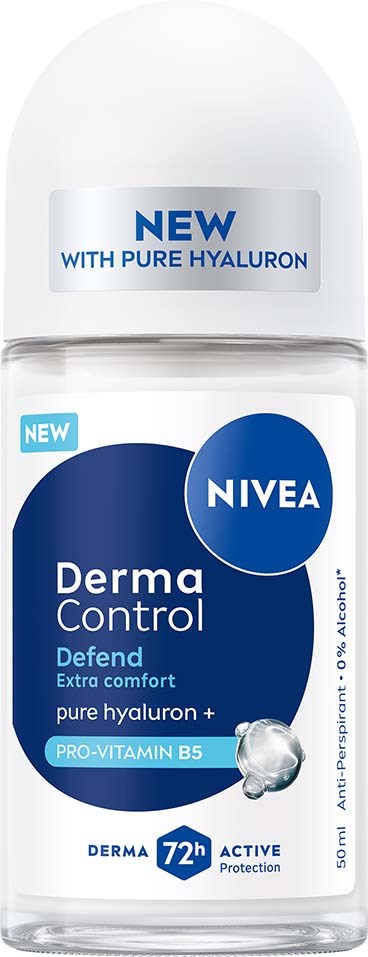Een Nivea deodorantfles met labels die nieuwe formule met puur hyaluron en extra comfort aangeven. Biedt 72 uur bescherming.