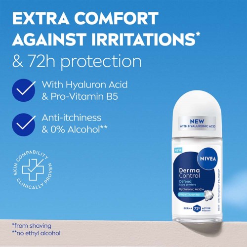 Een Nivea deodorant voor extra comfort, 72 uur bescherming, met hyaluronzuur en pro-vitamine B5.