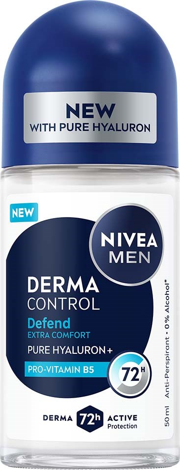Nivea Men Derma Control deodorant met pure hyaluron, 72 uur bescherming, actieve bescherming en extra comfort.