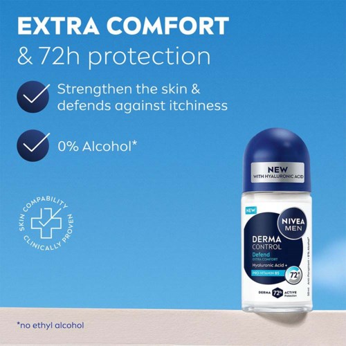 Nivea Men Derma Control deodorant met hyaluronzuur biedt extra comfort en 72 uur bescherming, alcoholvrij.
