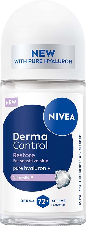 Nivea Derma Control fles met labels voor gevoelige huid, hyaluronzuur, vitamine E en 72 uur bescherming.