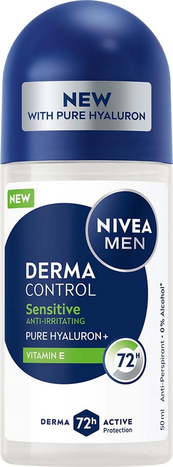 Een flesje Nivea Men Derma Control Sensitive deodorant met Pure Hyaluron en Vitamine E, biedt 72 uur bescherming.