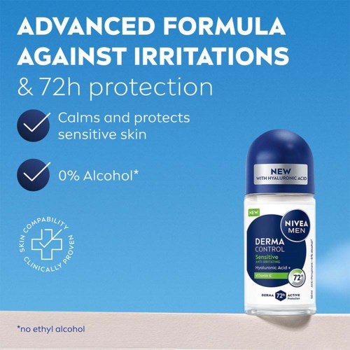Nivea Men Derma Control deodorant met hyaluronzuur belooft 72 uur bescherming en kalmering van de gevoelige huid.