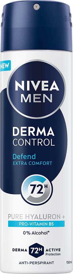Een blik NIVEA MEN DEO Spray met blauw en wit design, biedt 72 uur bescherming, bevat pure hyaluron en is alcoholvrij.
