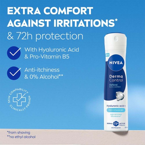 Nivea Derma Control deodorant med extra komfort, 72 timmars skydd, hyaluronsyra och pro-vitamin B5. Anti-klåda och alkoholfri.