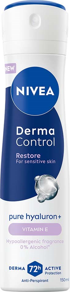 Een Nivea Derma Control sprayspuit voor gevoelige huid met vitamine E en hyaluronzuur, biedt 72 uur bescherming.