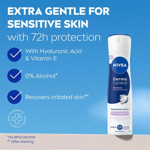 Nivea huidverzorgingsproduct voor gevoelige huid met 72 uur bescherming, bevat hyaluronzuur en vitamine E, geen alcohol.
