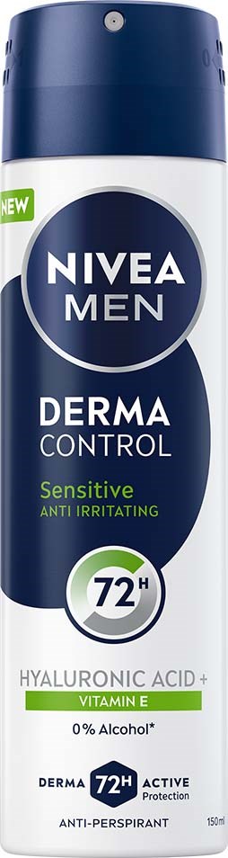 Een Nivea Men deodorantfles met Derma Control, gevoelig, anti-irritatie, met hyaluronzuur en vitamine E.