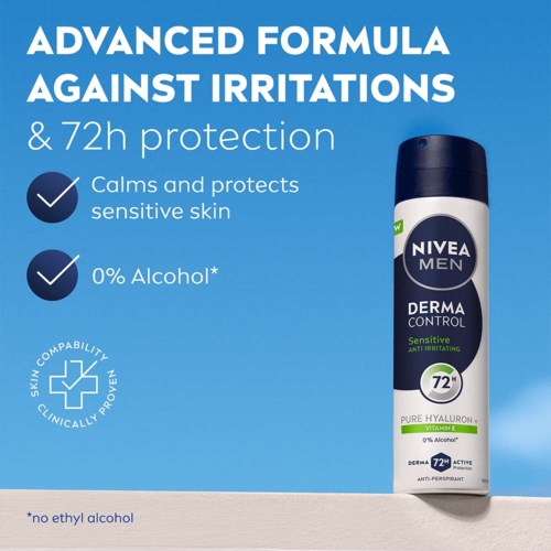 Nivea Men deodorant voor gevoelige huid, 72 uur bescherming, geen alcohol of ethanol, bevat hyaluronzuur.