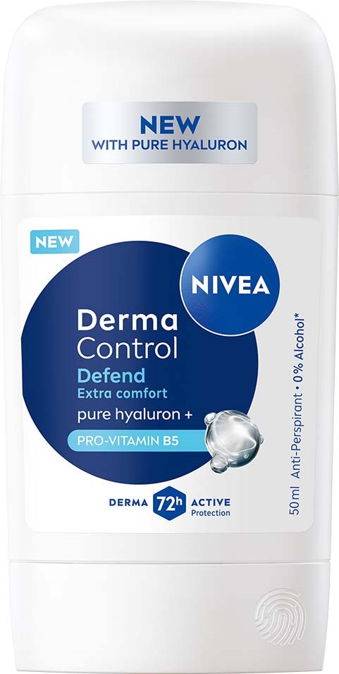 Nivea Derma Control deodorantstift met hyaluron, B5 en 72 uur bescherming, in witte houder.