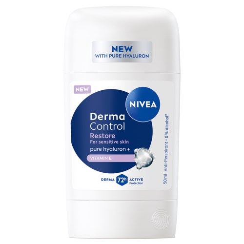 Nivea Derma Control Deo Stick voor gevoelige huid met hyaluronzuur, vitamine E, 72 uur bescherming.