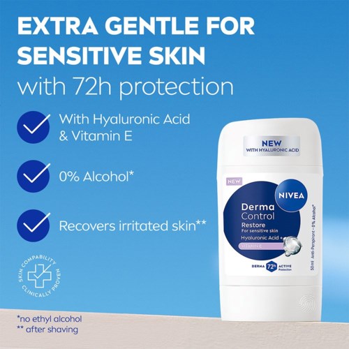Een deodorant stick voor gevoelige huid met 72 uur bescherming, hyaluronzuur, vitamine E en geen alcohol.