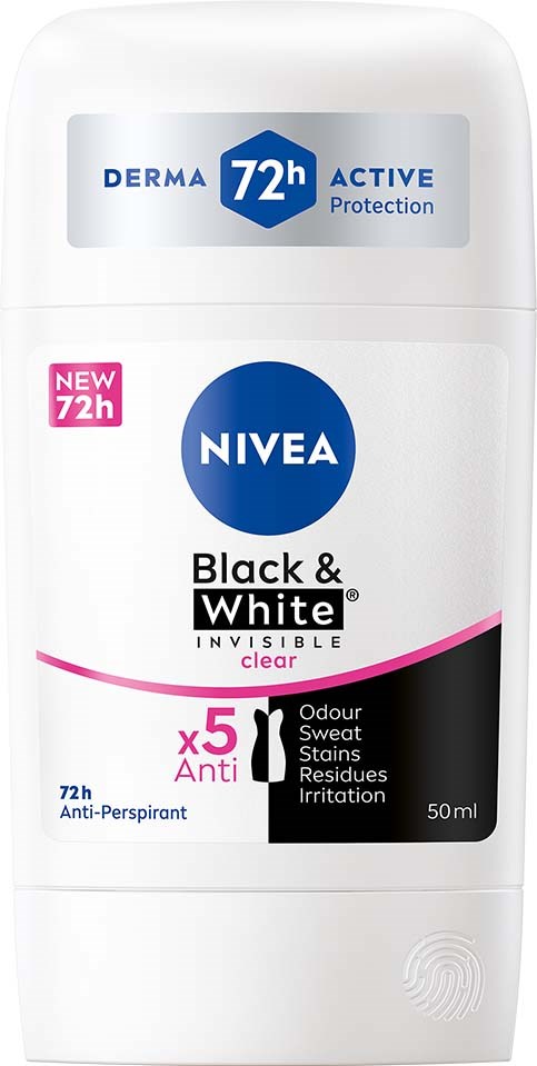 A Nivea roll-on deodorant for black and white clothing, providing 72 hours of protection and anti-odor, sweat, stain, and irritation control.