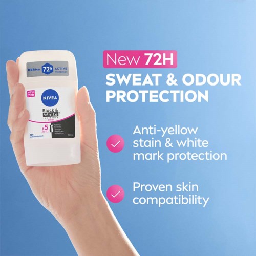 This image shows a hand holding a deodorant stick against a blue background with product benefits listed.