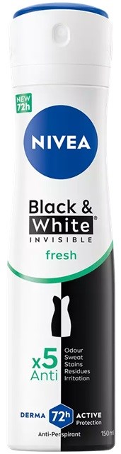 Nivea Black & White Invisible Fresh antiperspirant with 5 anti-odor features, 72-hour protection, and dermatologically tested.