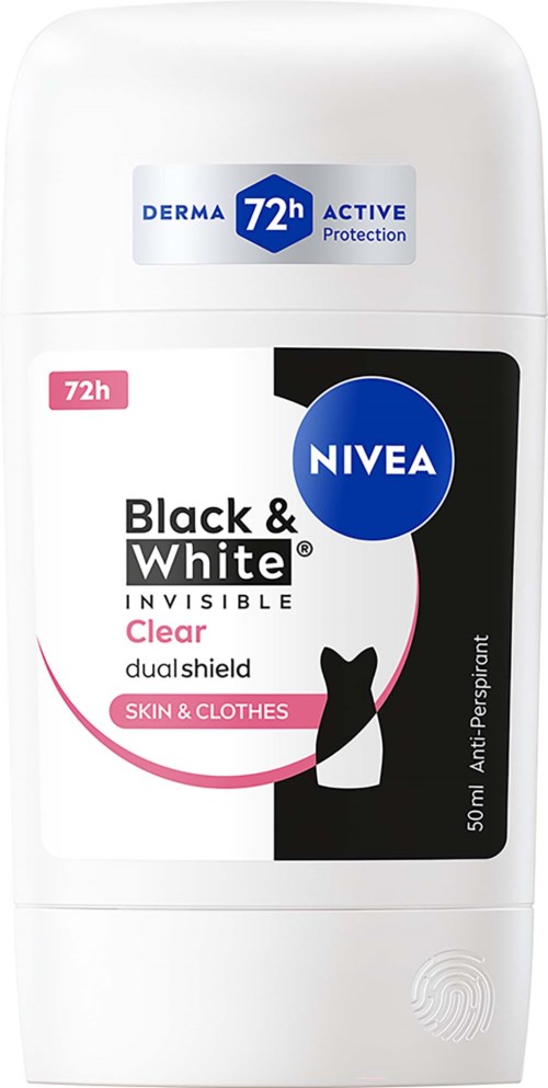 Deo-stift märkt NIVEA Black & White Invisible Clear dubbelskydd för hud och kläder, 50 ml, med 72 timmars skydd.