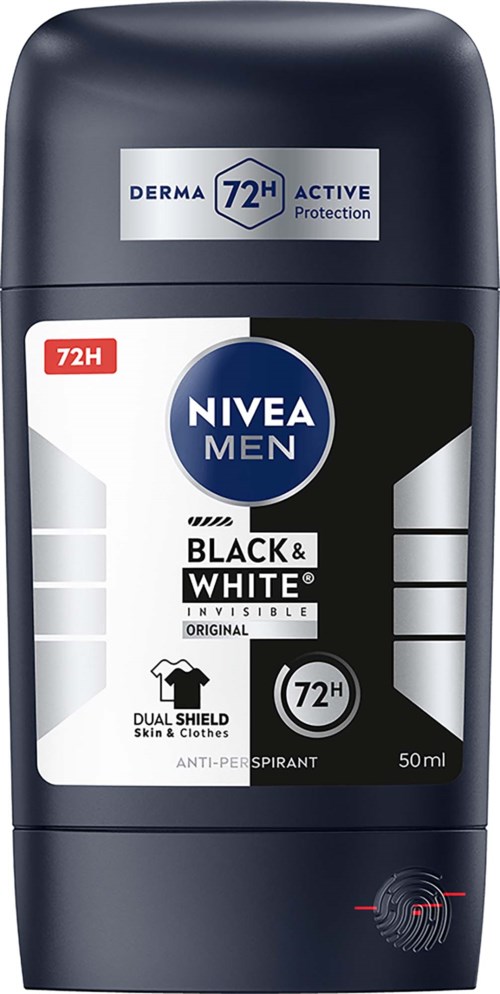 Nivea Men svart och vitt osynligt deodorantstift, 50 ml, med 72 timmars skydd och hudvänlighet.