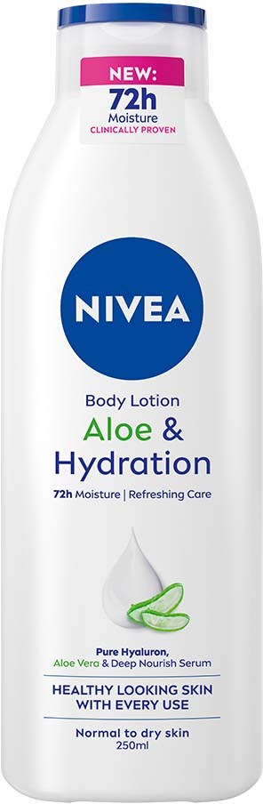 Nivea Aloe & Hydration kroppslotion, 250 ml flaska, ger 72 timmars fukt, passar för torr hud, med aloe vera och serum.