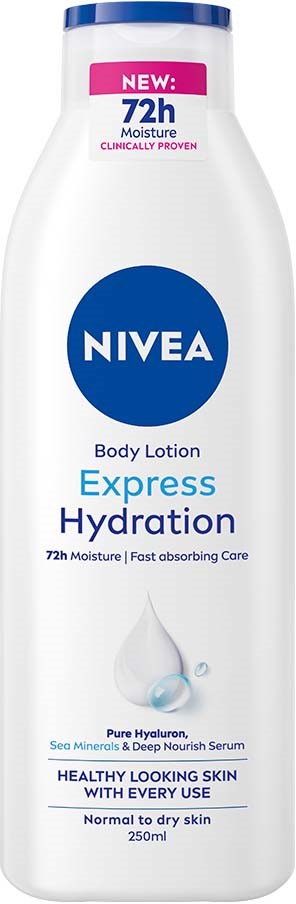En vit flaska med blå och rosa detaljer, märkt NIVEA Body Lotion, för fukt och torr hud, rymmer 250 ml.