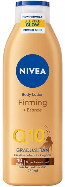 Een Nivea lichaamslotionfles met stevigheid en bruine tint, 250ml, strakke vorm met blauw en goud kleuren.