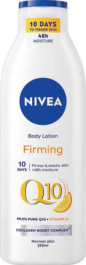 Nivea verstevigende lichaamslotion fles met Q10 en vitamine C, belooft 10 dagen voor stevigere huid.