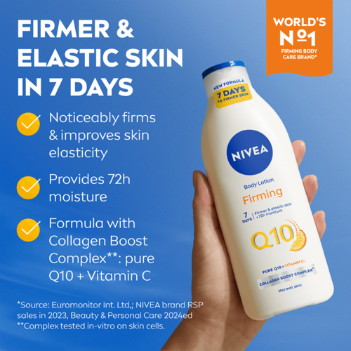 Nivea lichaamslotionfles met tekst over huid verstevigen in 7 dagen, Q10, collageenboost en hydratatie.