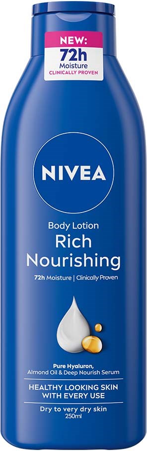 Sininen Nivea Rich Nourishing vartaloemulsio sisältää merkinnöissä kosteutta, manteliöljyä ja syvää ravintoa, sopii hyvin kuivalle iholle.