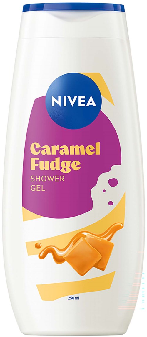 Duschtvålflaska med NIVEA-märken, doft av karamellfudge, 250 ml storlek, vitt och lila förpackning med karamellbild.
