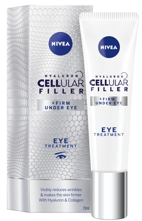 Nivea krem pod oczy w tubce i opakowaniu z kwasem hialuronowym i kolagenem, zmniejsza zmarszczki i ujędrnia skórę.
